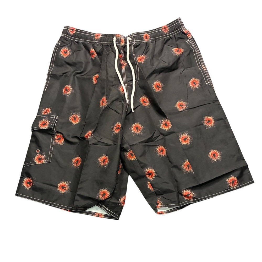 Mens Black Floral Burst Swim Trunks Cargo Pocket Mesh Lined Board Shorts Medium